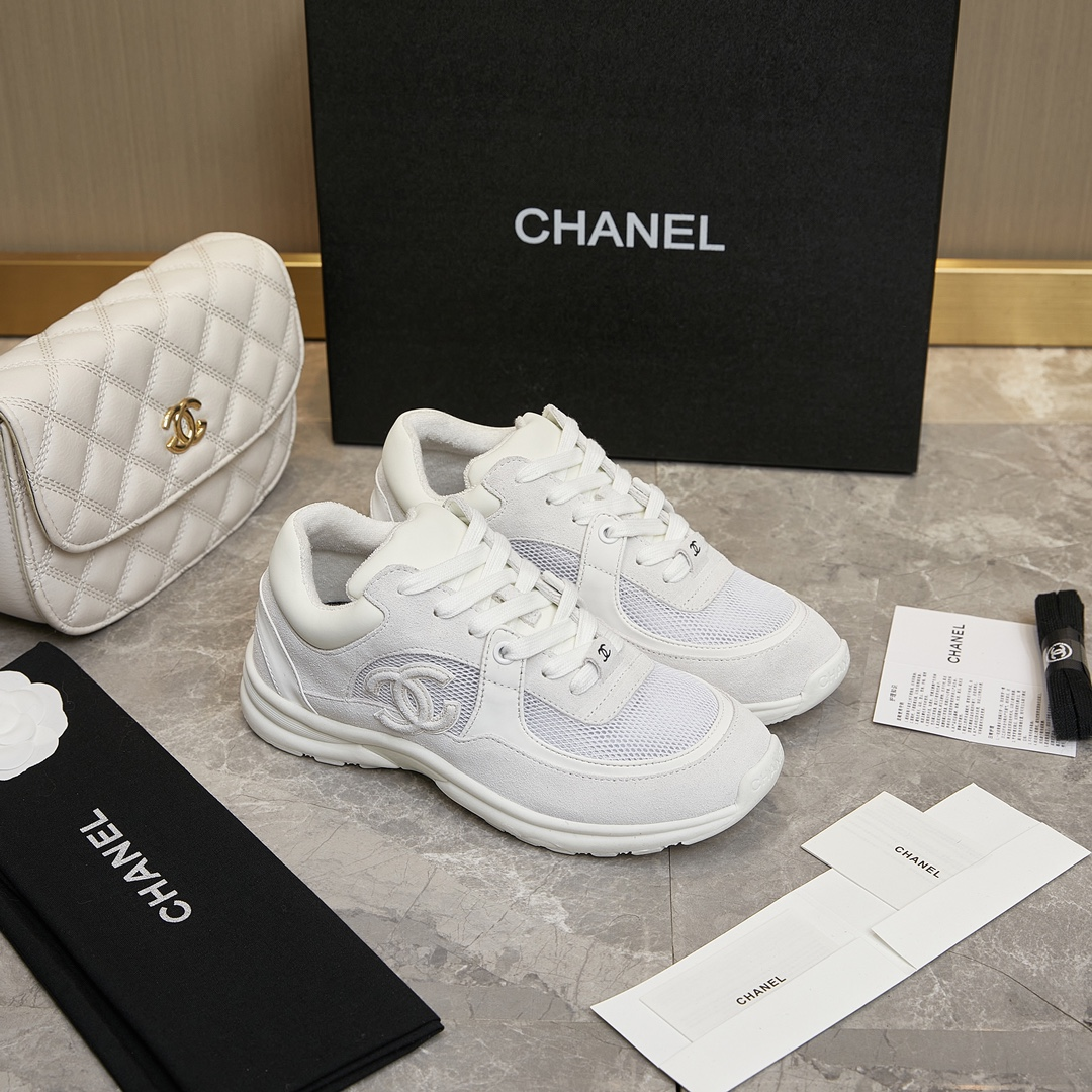 Chanel CC Logo Suede Leather Sneaker Black White Shoe