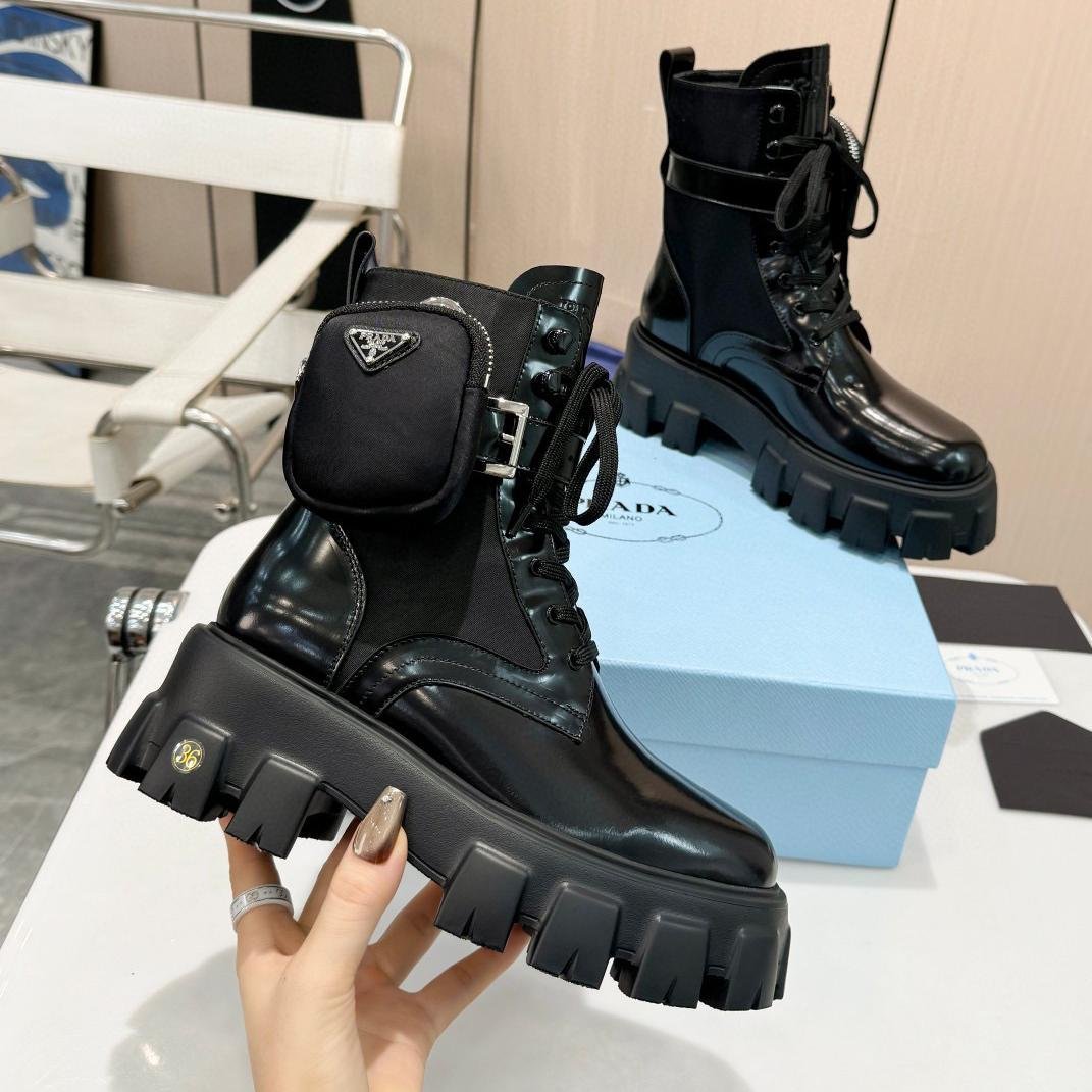 Prada Monolith brushed leather and Re-Nylon boots with pouch