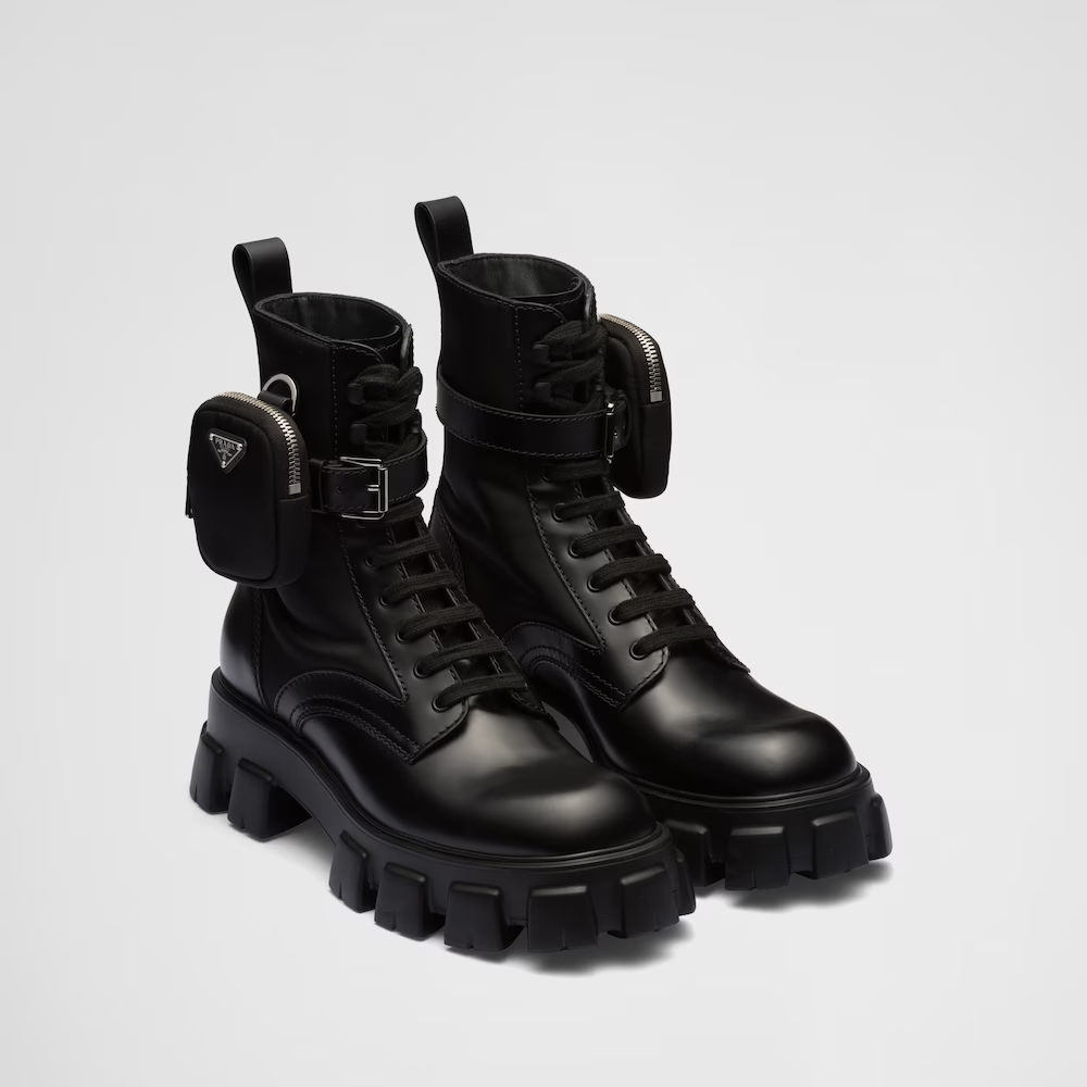 Prada Monolith brushed leather and Re-Nylon boots with pouch