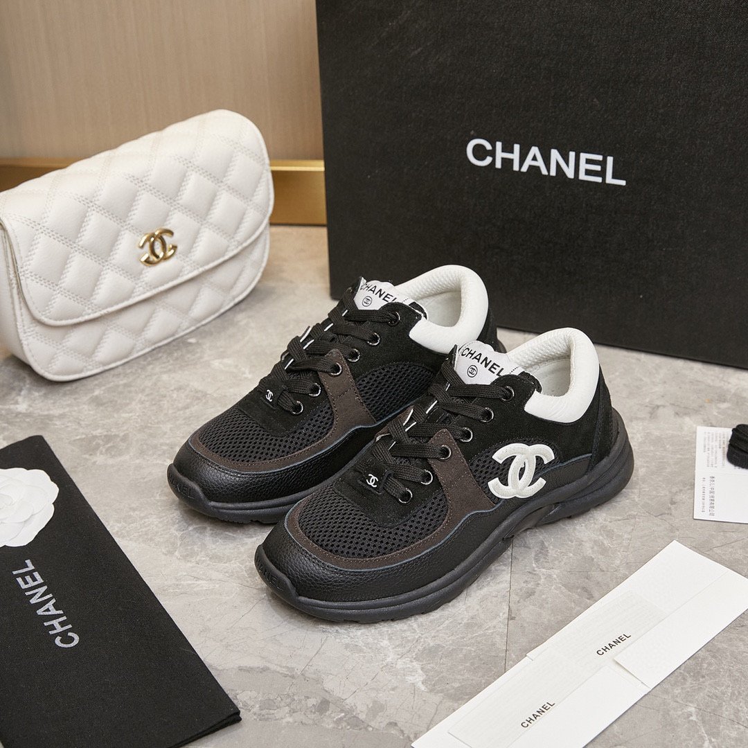 Chanel CC Logo Suede Leather Sneaker Black White Shoe
